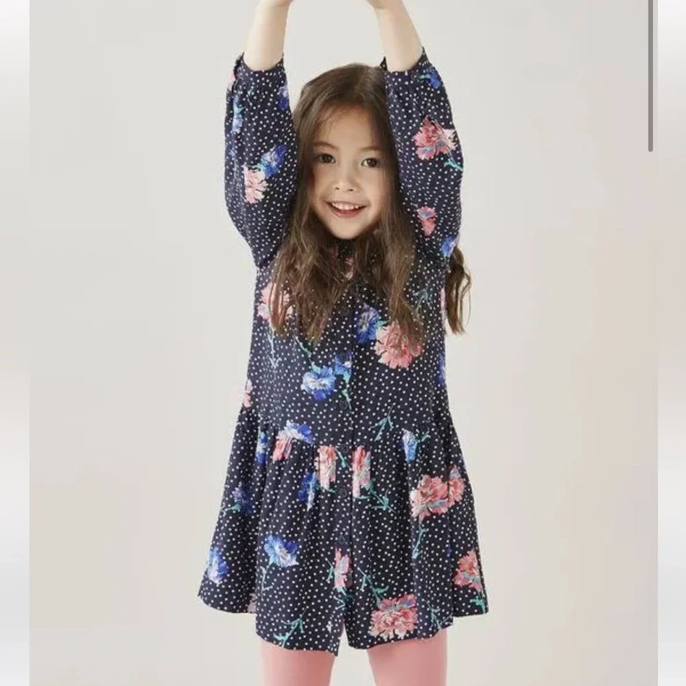 Joules Girls Amelia Shirt Dress Polka Dot Floral Navy Size 7/8 Years